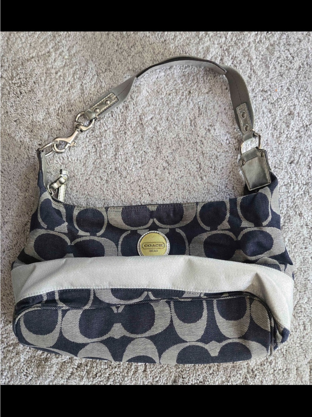 Coach Canvas Shoulder Bag in Navy and Beige with Leather Trim